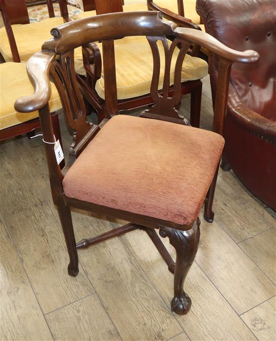A George II mahogany corner elbow chair
